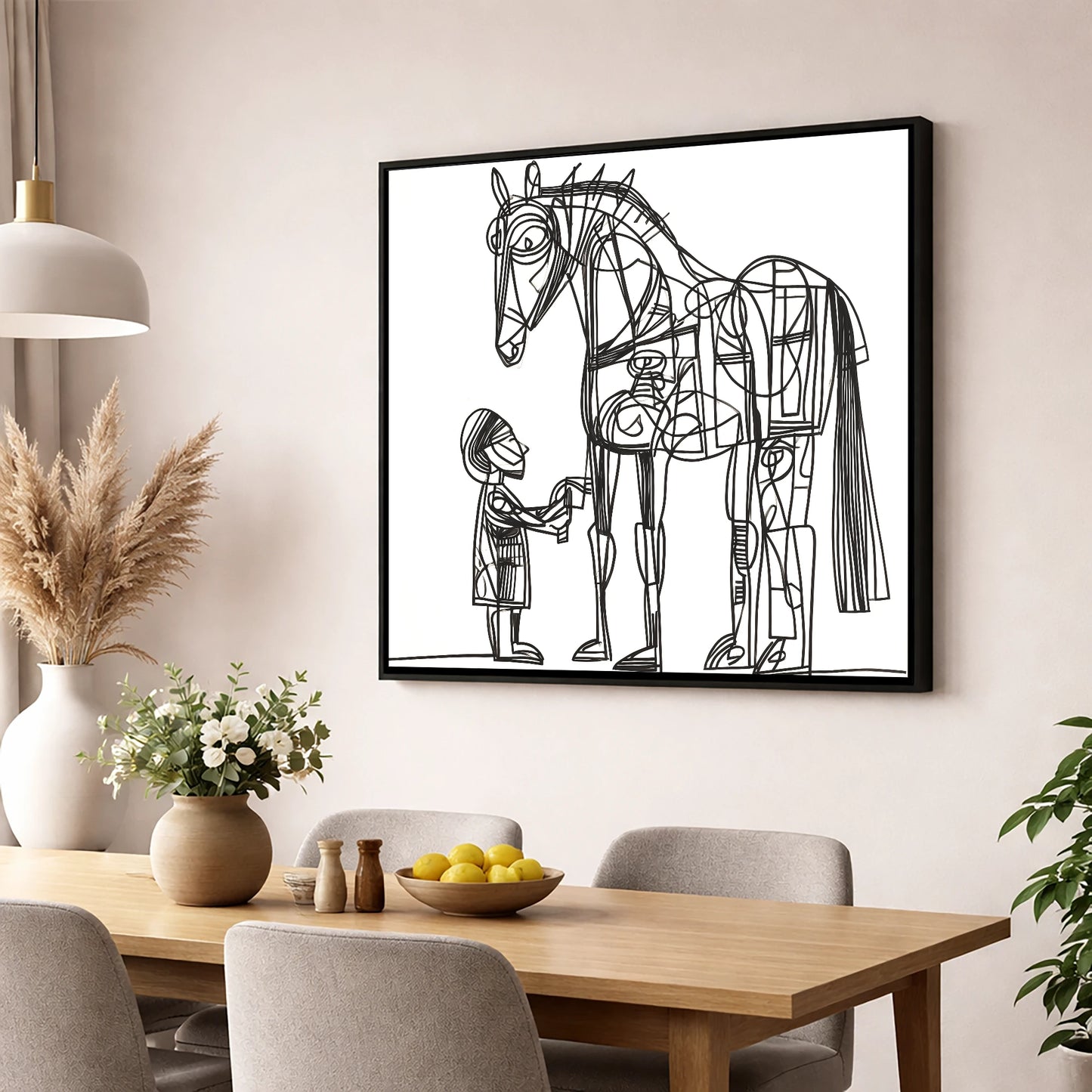 Linear Harmony horse & rider wall art displayed in a dining room