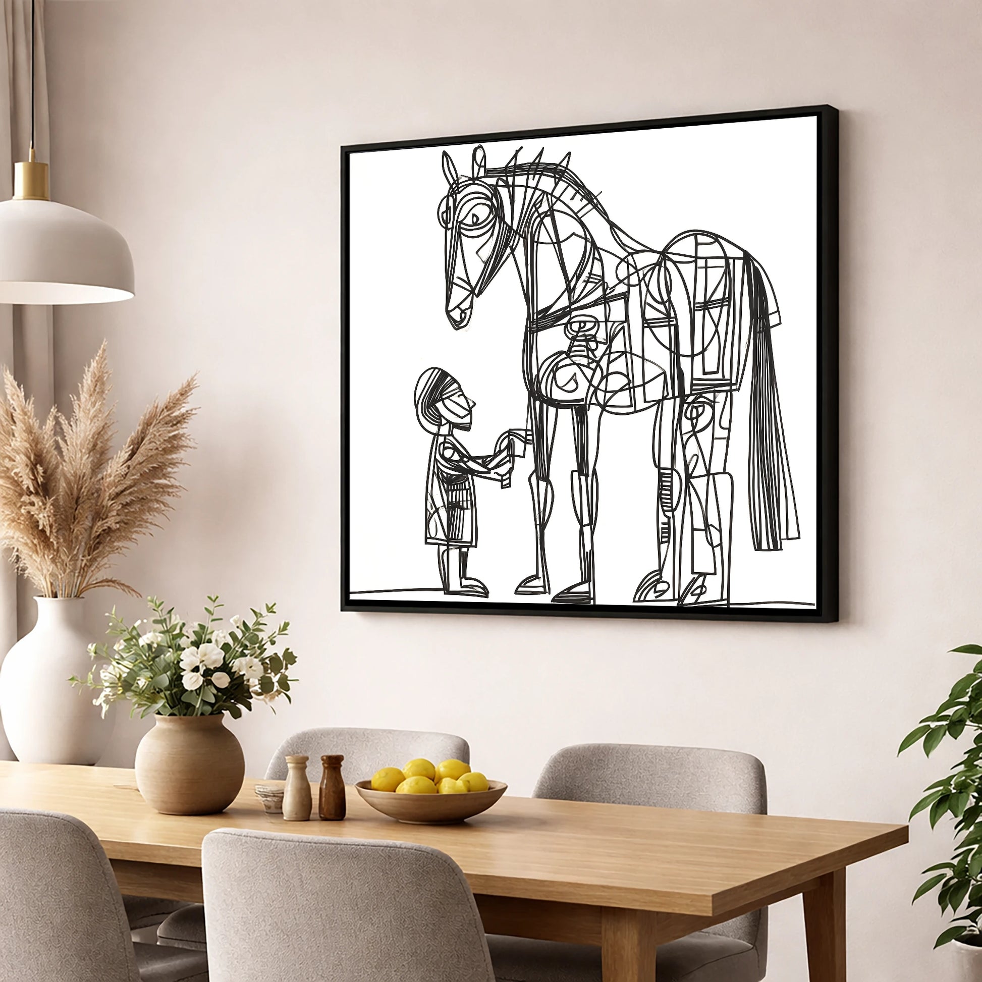 Linear Harmony horse & rider wall art displayed in a dining room