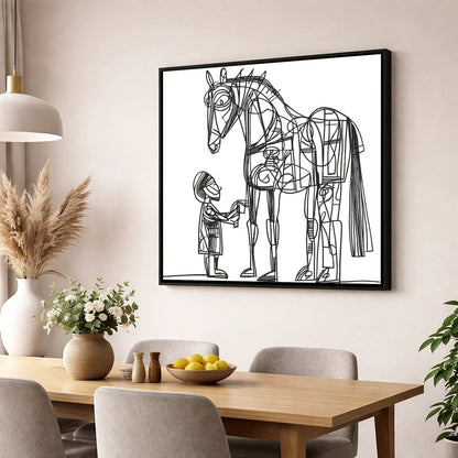 Linear Harmony horse & rider wall art displayed in a dining room