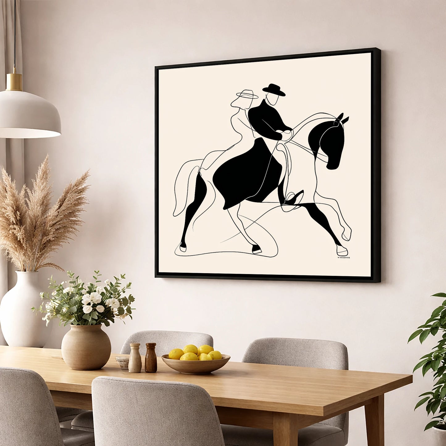 Abstract Dressage Harmony dressage horse wall art displayed in a dining room