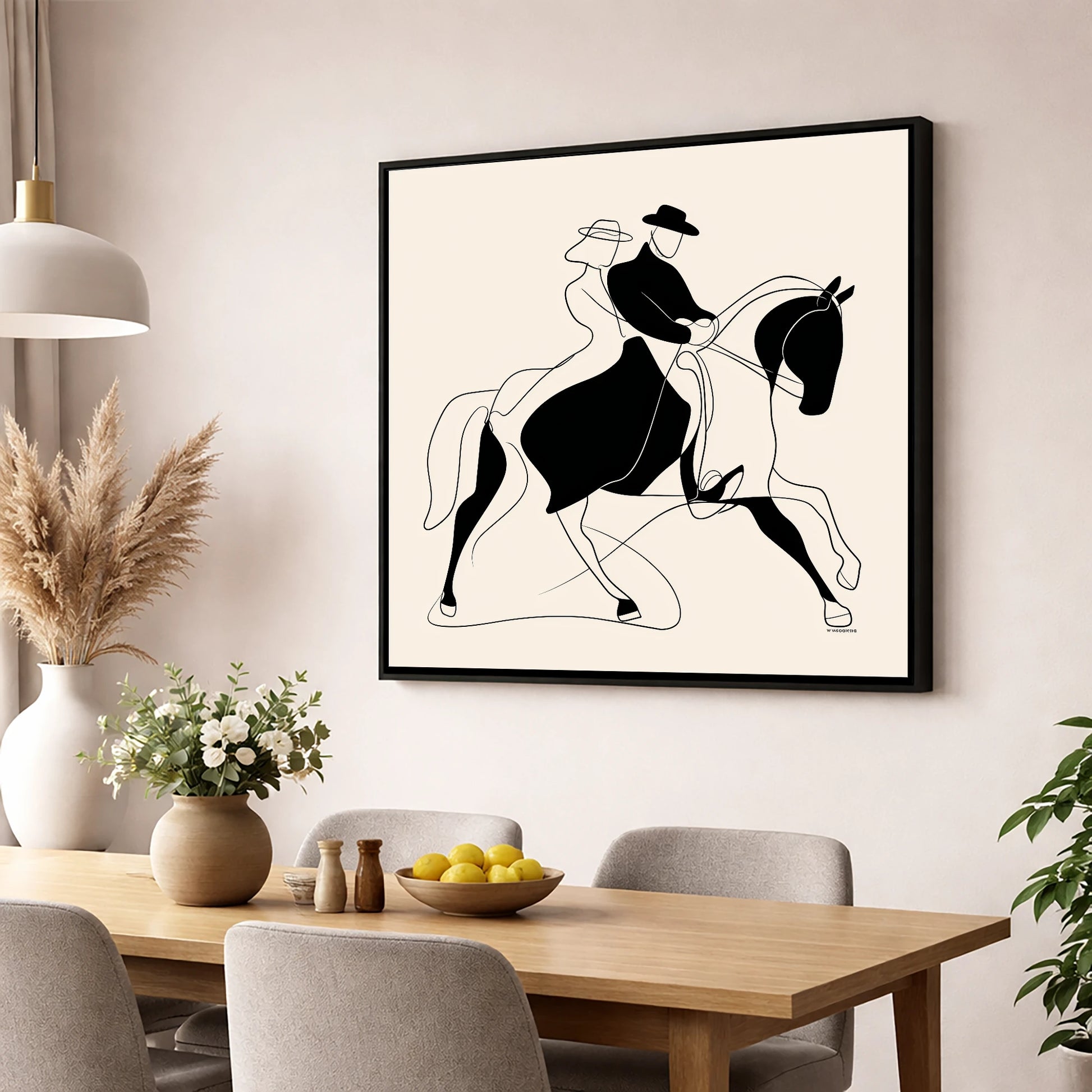 Abstract Dressage Harmony dressage horse wall art displayed in a dining room