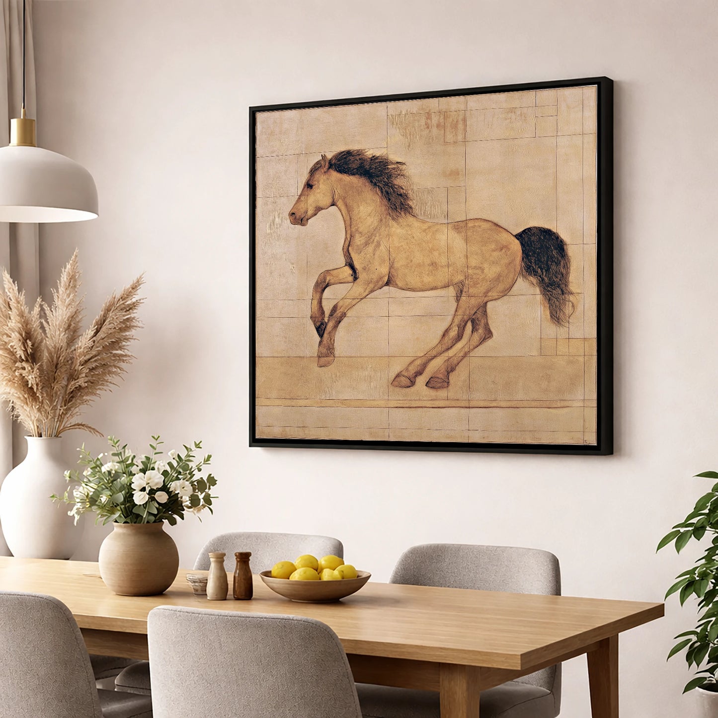 Classical Equine Study horse portrait wall art displayed in a dining room