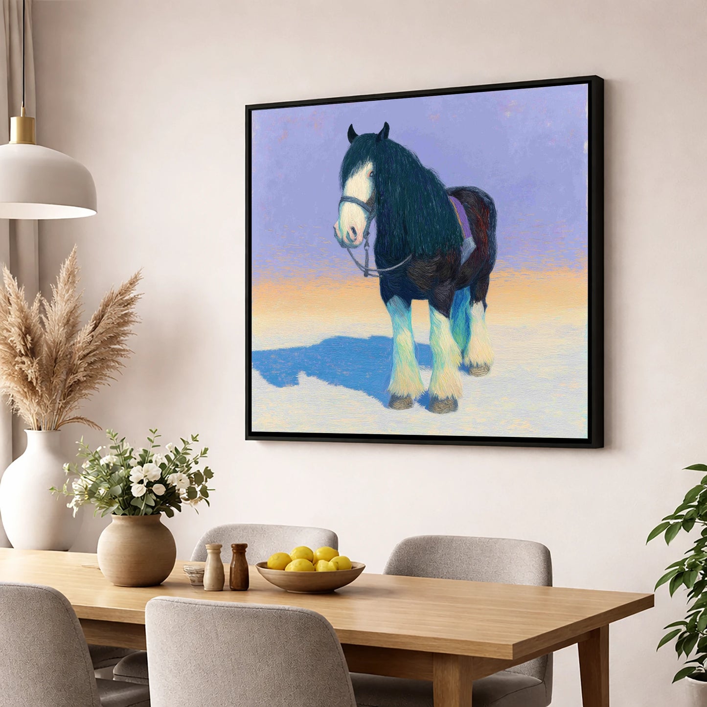 The Gentle Giant horse breed wall art displayed in a dining room