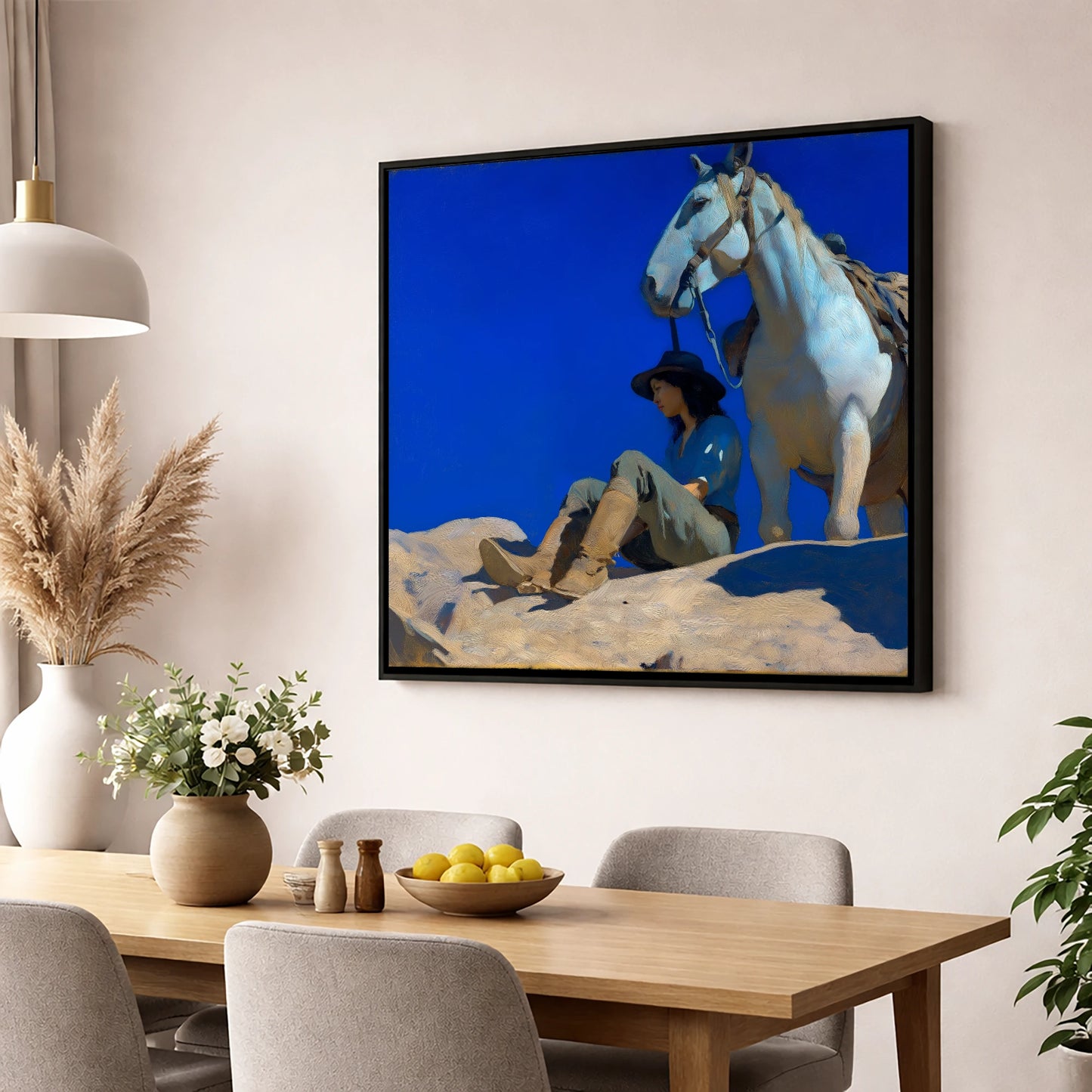 Beneath Azure Skies horse & rider wall art displayed in a dining room