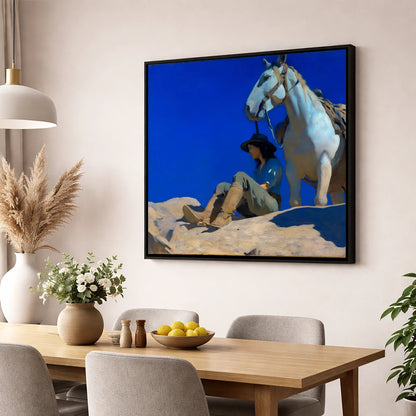 Beneath Azure Skies horse & rider wall art displayed in a dining room