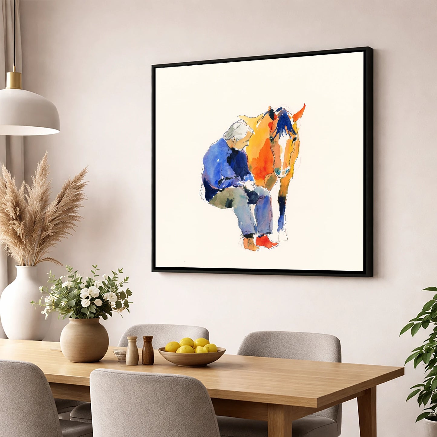 Shared Silence horse & rider wall art displayed in a dining room
