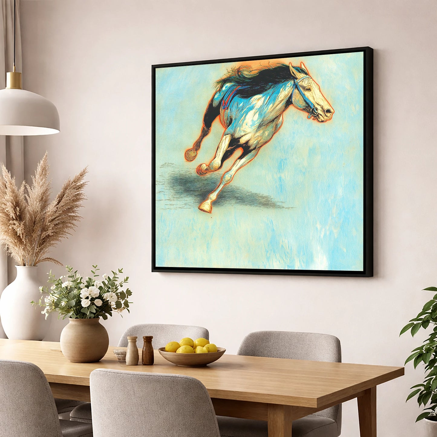 Cerulean Sprint racing horse wall art displayed in a dining room