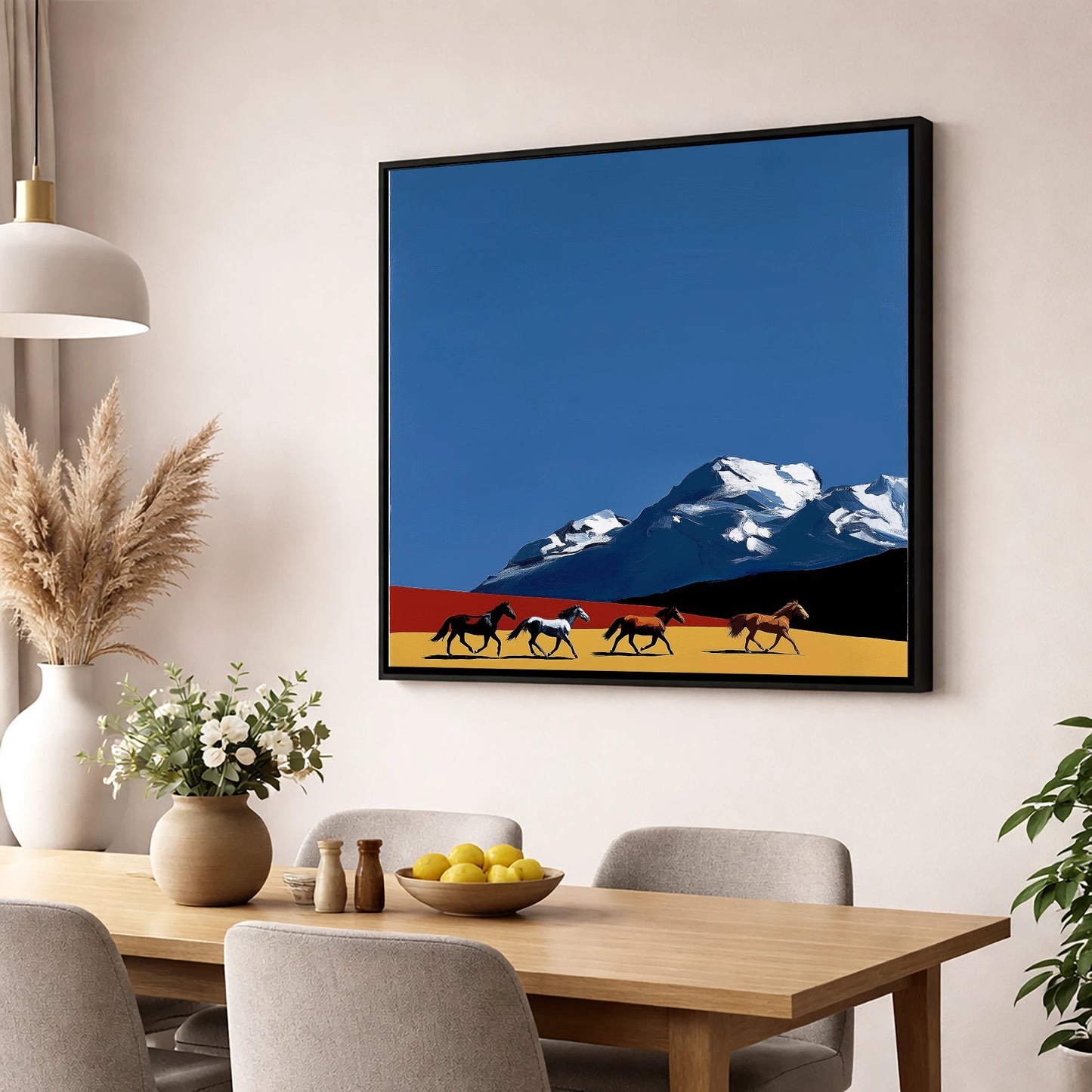 Gallop Beneath the Peaks horse landscape wall art displayed in a dining room