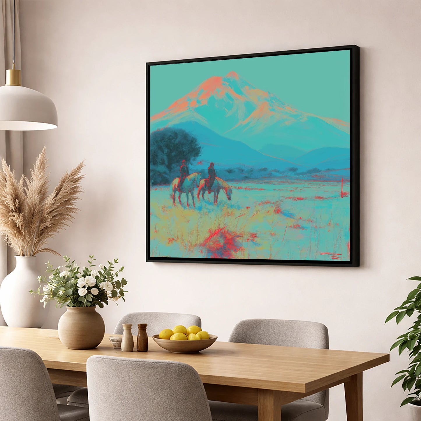 Electric Mountain Hack horse landscape wall art displayed in a dining room