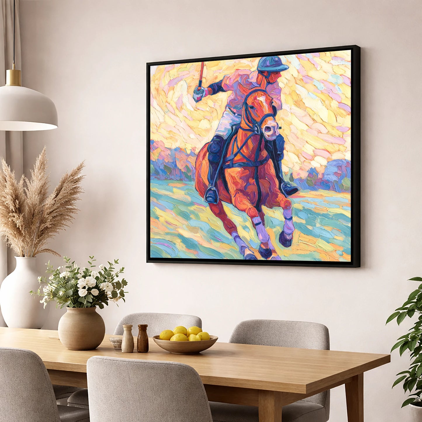 Vivid Polo Pursuit polo horse wall art displayed in a dining room