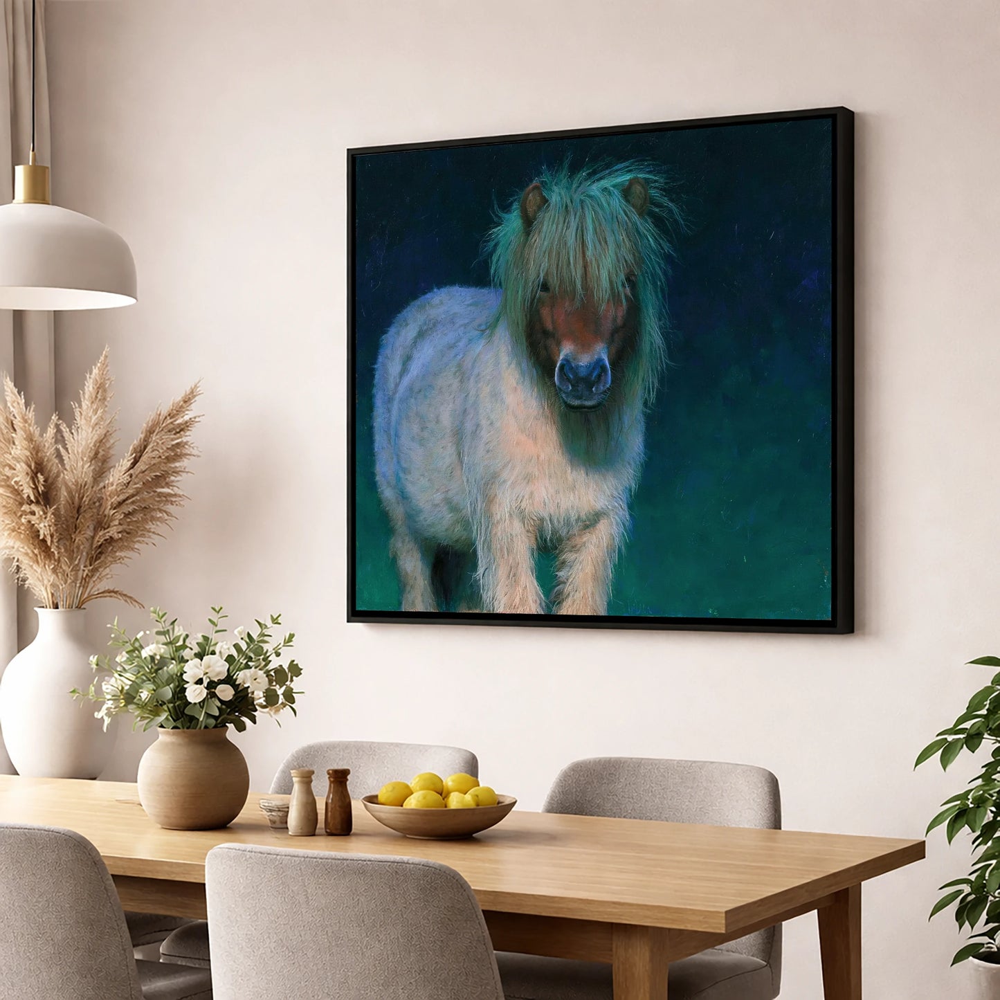 Shetland Pony in Moonlight horse breed wall art displayed in a dining room