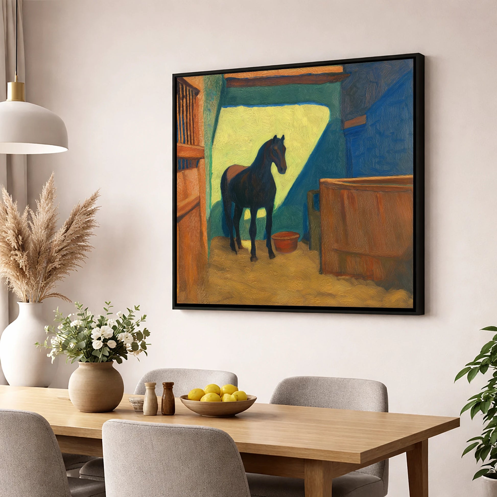 The Sunlit Stall horse stable wall art displayed in a dining room