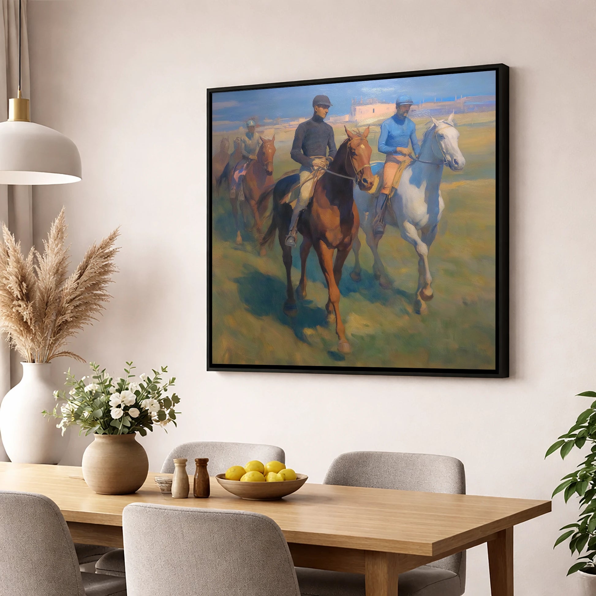 The Dawn String racing horse wall art displayed in a dining room