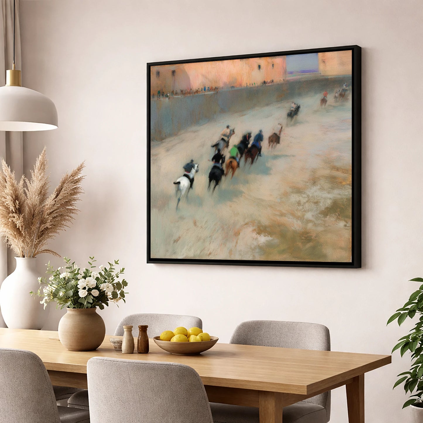 The Thundering Pack polo horse wall art displayed in a dining room