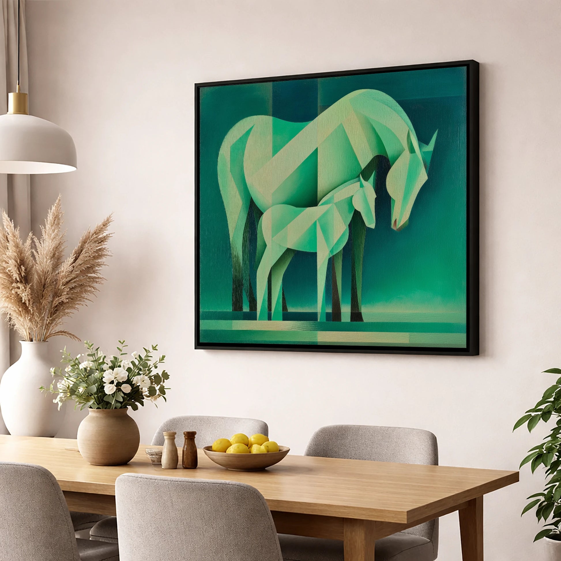 Verdant Harmony mare & foal wall art displayed in a dining room