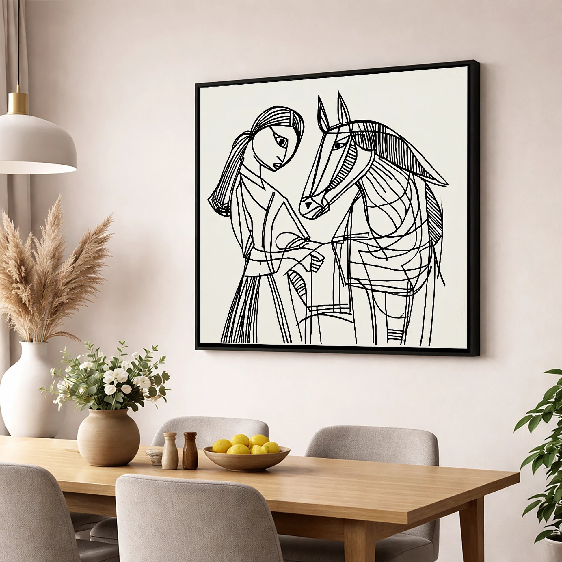 Lines of Connection horse & rider wall art displayed in a dining room