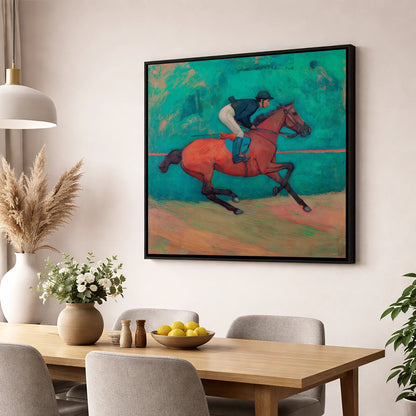 Rhythm in Emerald racing horse wall art displayed in a dining room