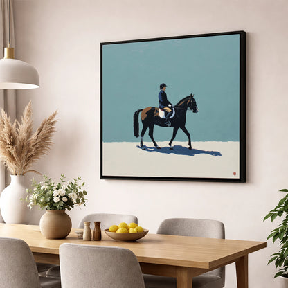 Serene Winter Dressage dressage horse wall art displayed in a dining room