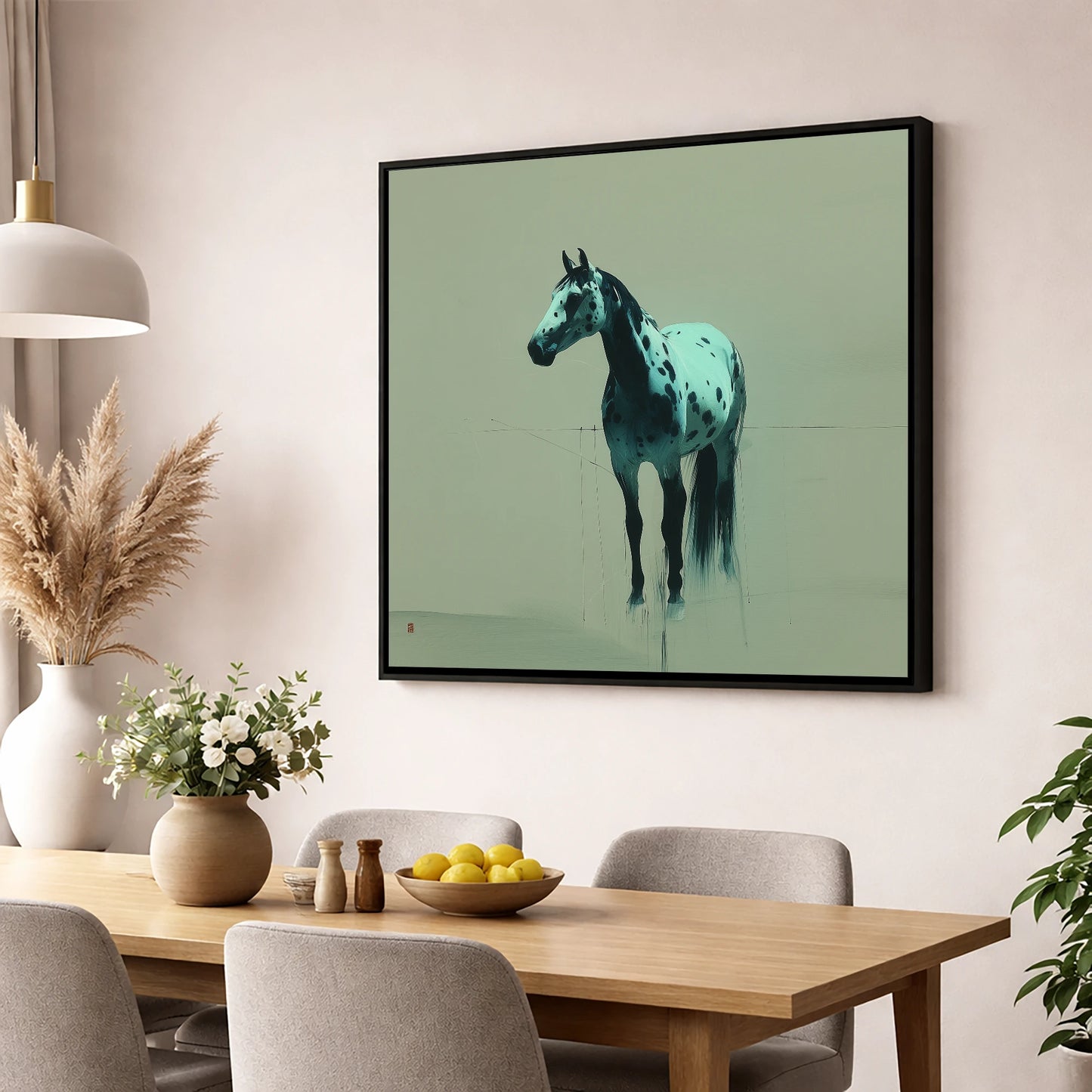 The Teal Appaloosa horse breed wall art displayed in a dining room