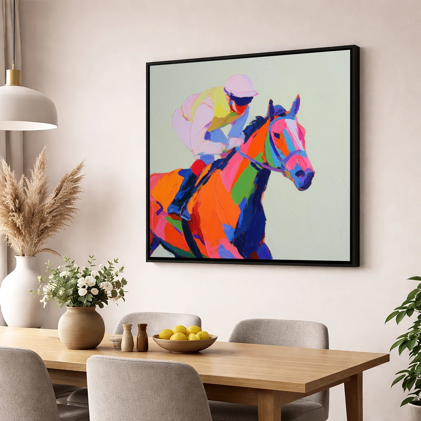 Vibrant Final Furlong racing horse wall art displayed in a dining room