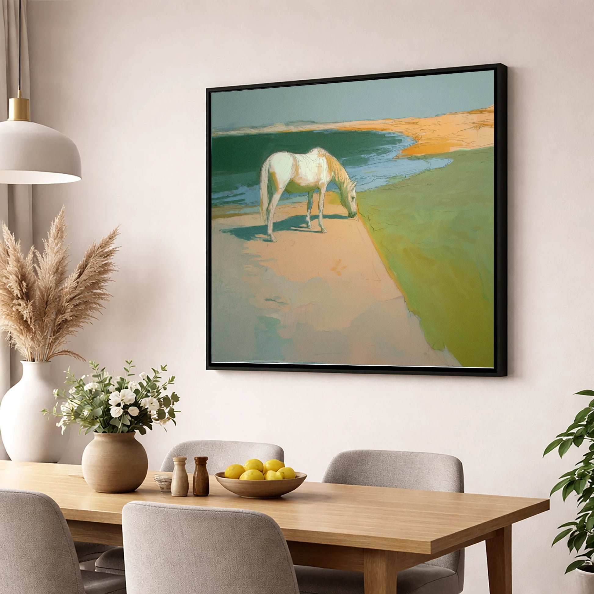 Quiet Pastures horse landscape wall art displayed in a dining room