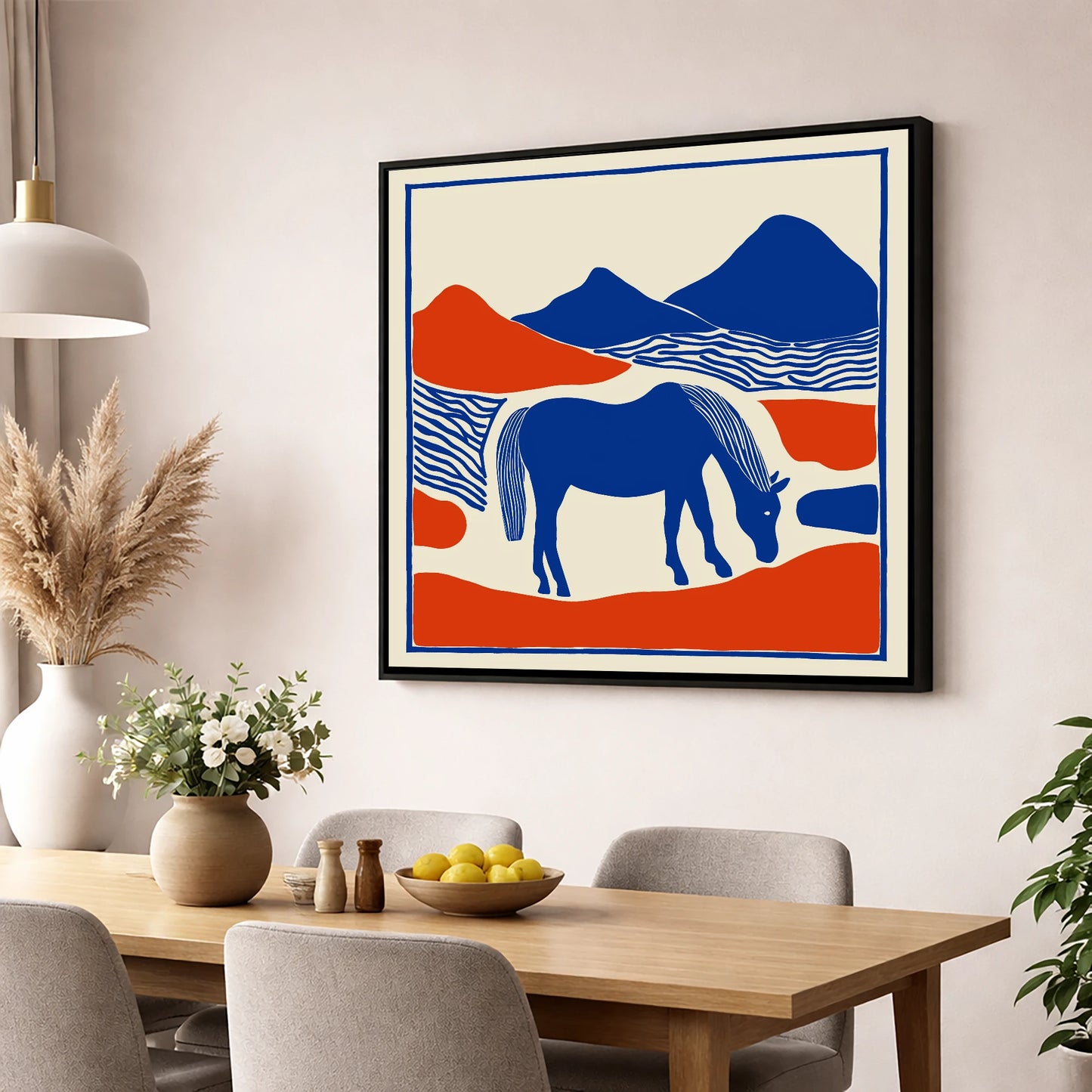 Cobalt Pastures horse landscape wall art displayed in a dining room
