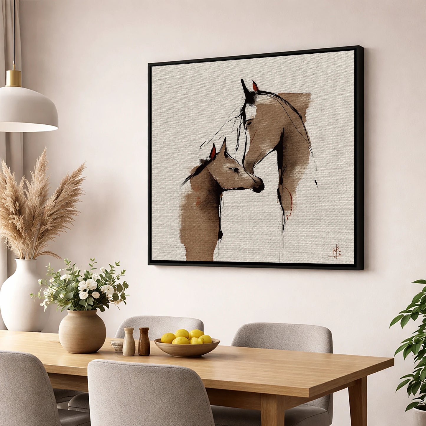 Silent Devotion mare & foal wall art displayed in a dining room
