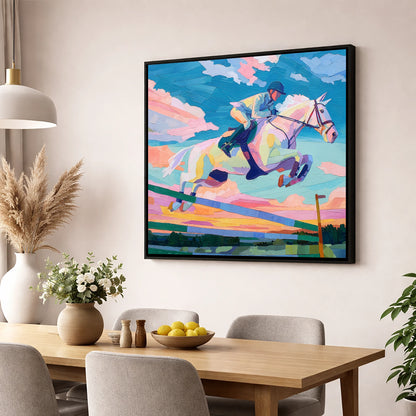 Technicolour Flight show jumping horse wall art displayed in a dining room