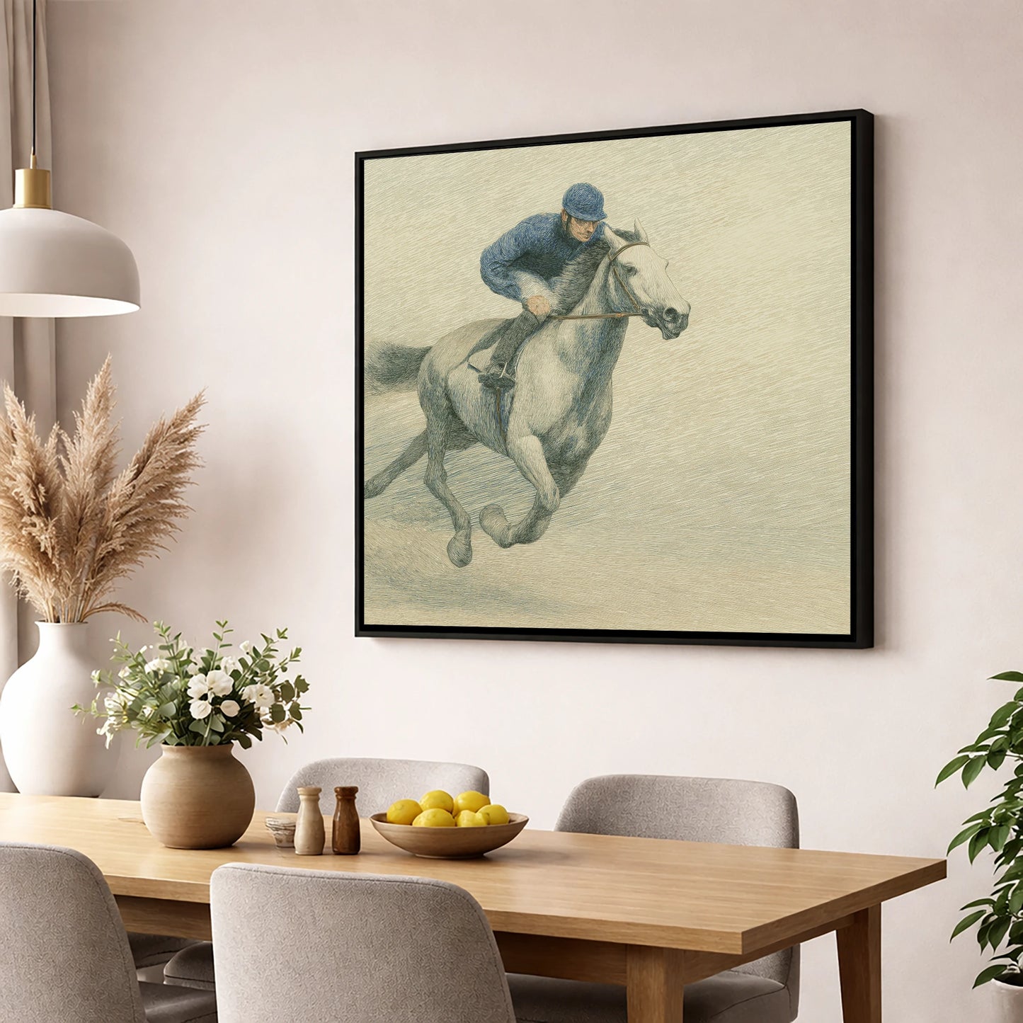 Racing the Grey racing horse wall art displayed in a dining room