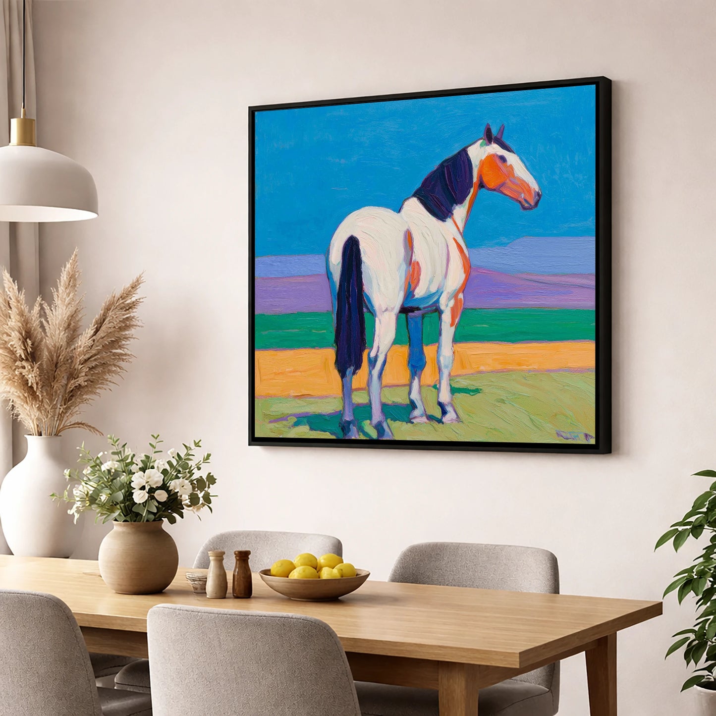 The Painted Sentinel horse breed wall art displayed in a dining room