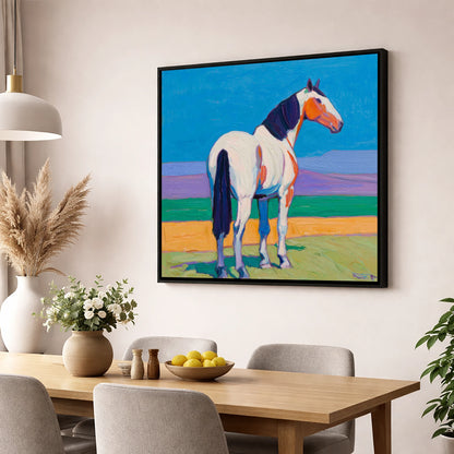 The Painted Sentinel horse breed wall art displayed in a dining room