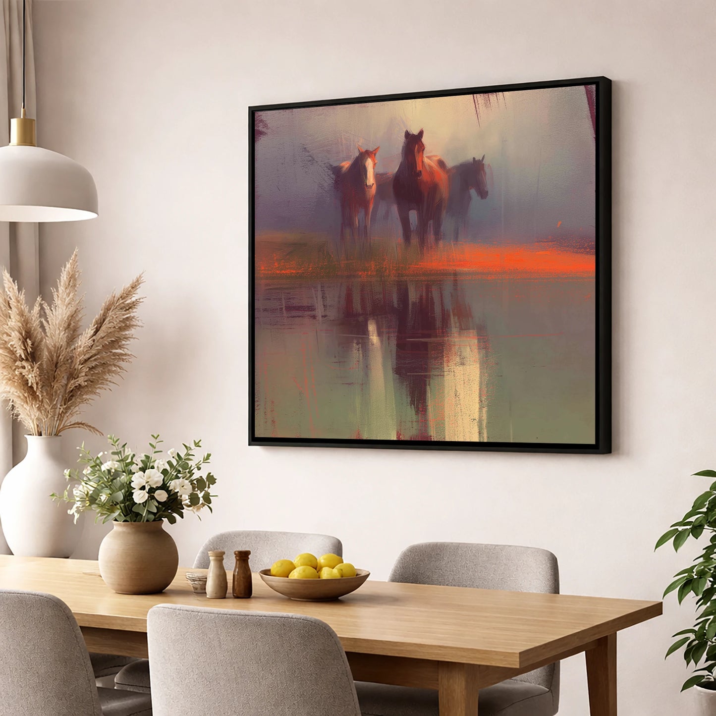 Ember Reflections wild horses wall art displayed in a dining room
