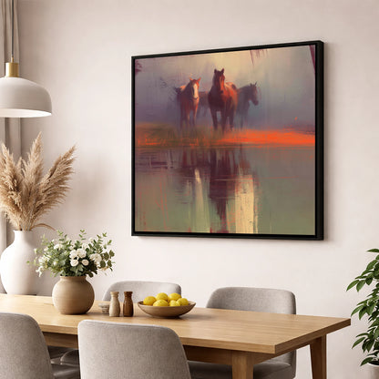 Ember Reflections wild horses wall art displayed in a dining room