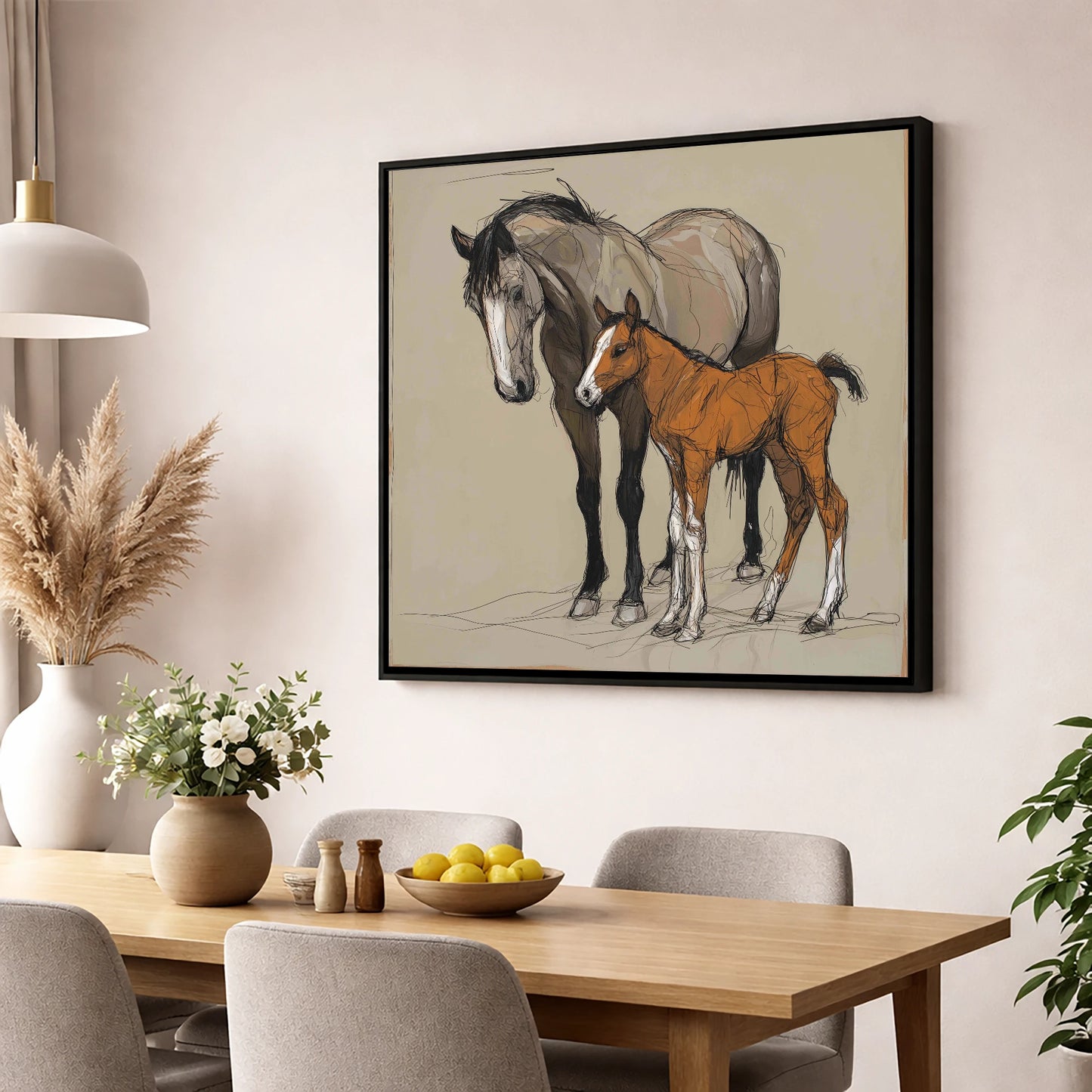 Gentle Guidance mare & foal wall art displayed in a dining room
