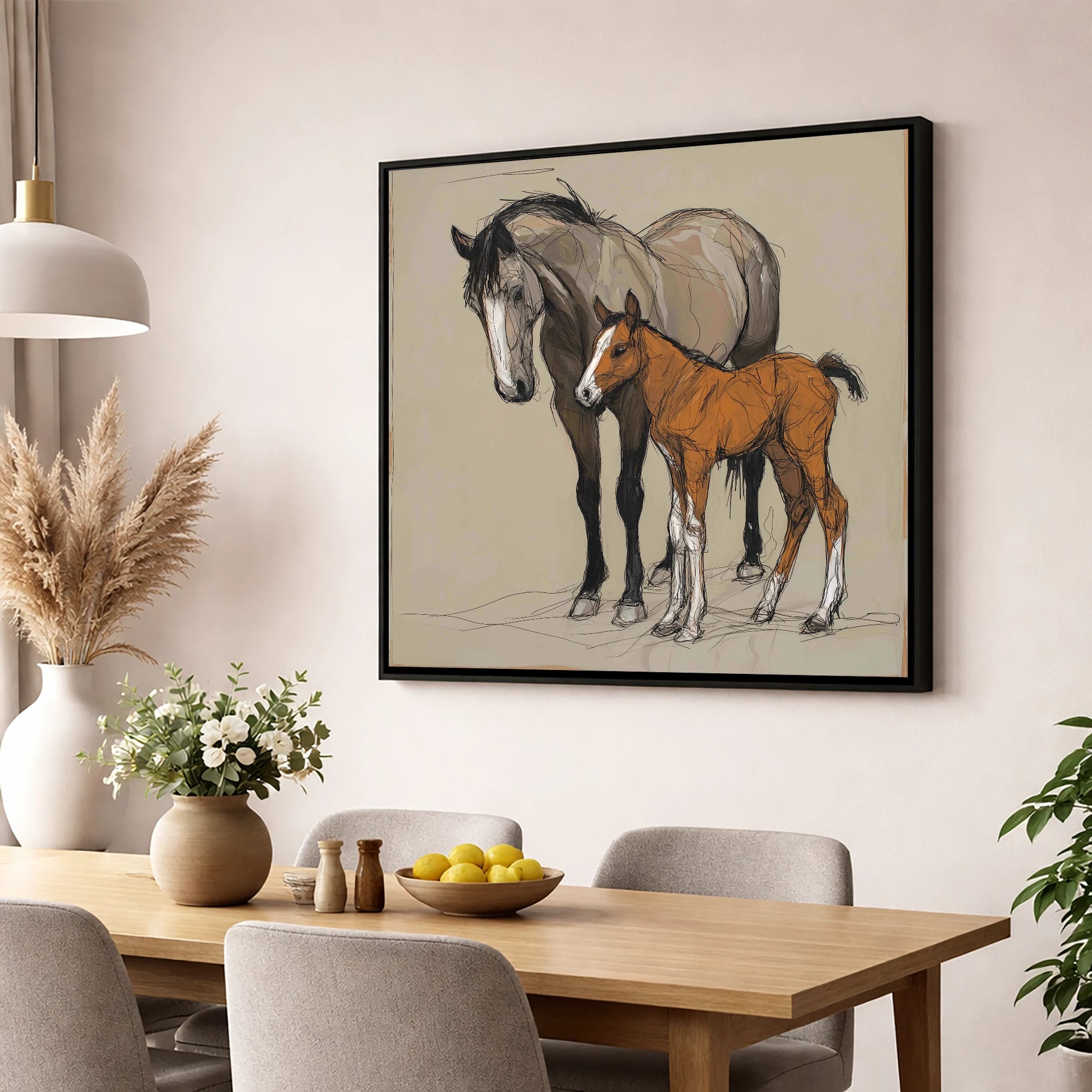 Gentle Guidance mare & foal wall art displayed in a dining room