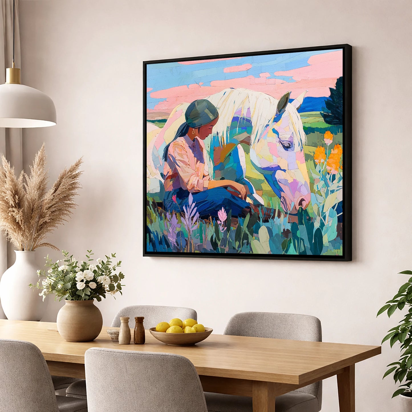 Quiet Summer Connection horse & rider wall art displayed in a dining room