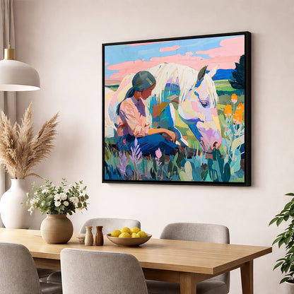 Quiet Summer Connection horse & rider wall art displayed in a dining room