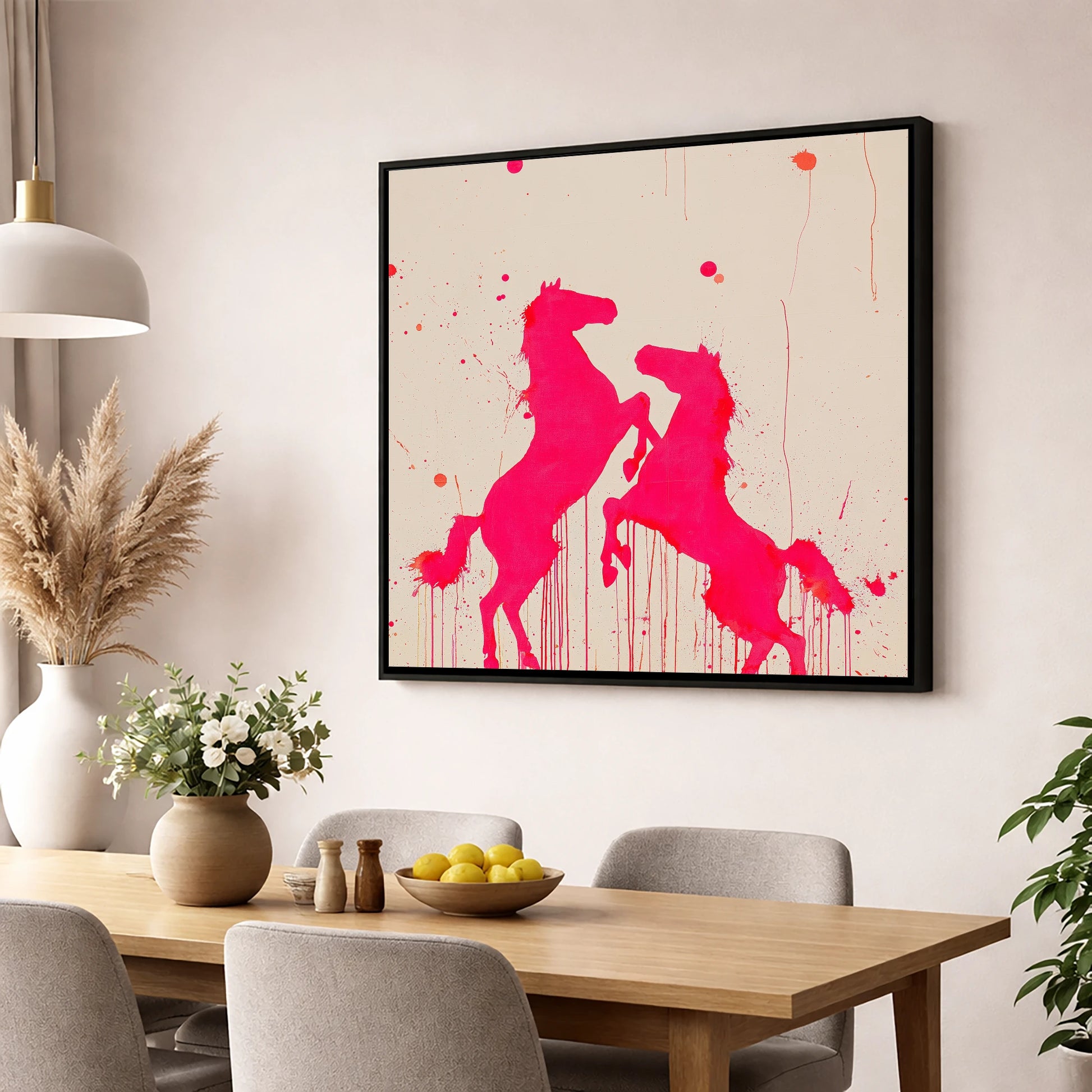 Magenta Equine Dance wild horses wall art displayed in a dining room