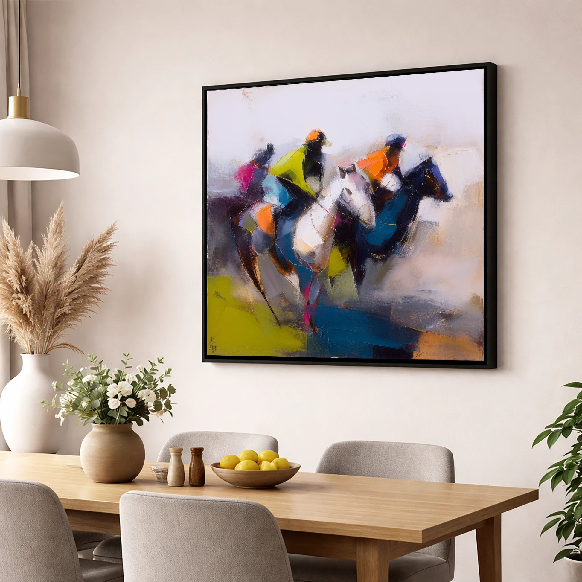 The Vibrant Chase racing horse wall art displayed in a dining room