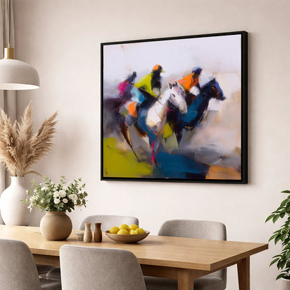 The Vibrant Chase racing horse wall art displayed in a dining room