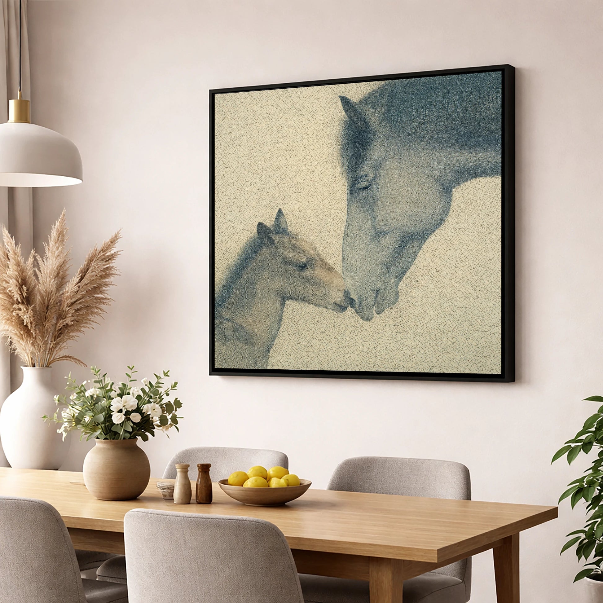 Quiet Devotion mare & foal wall art displayed in a dining room