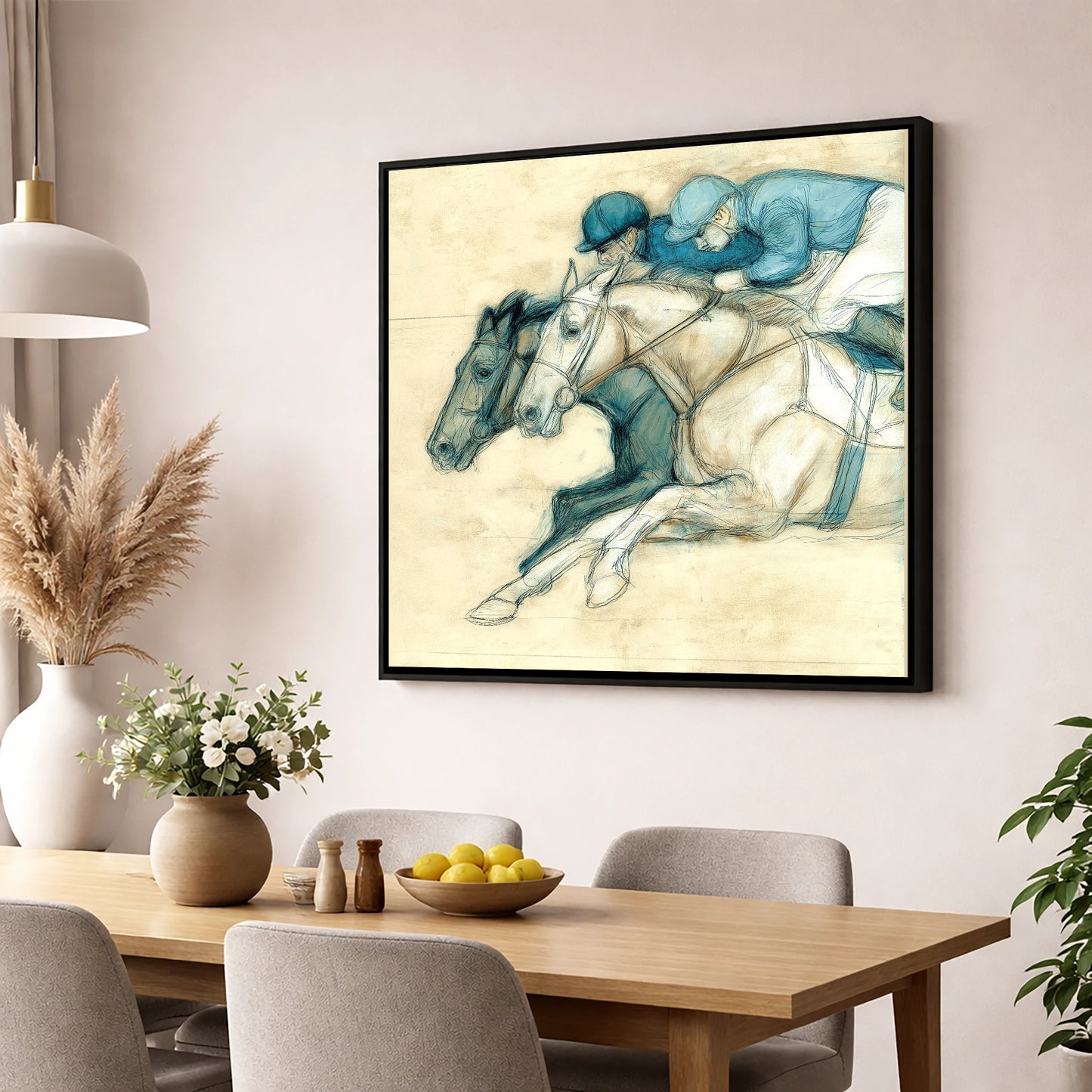 Neck and Neck racing horse wall art displayed in a dining room