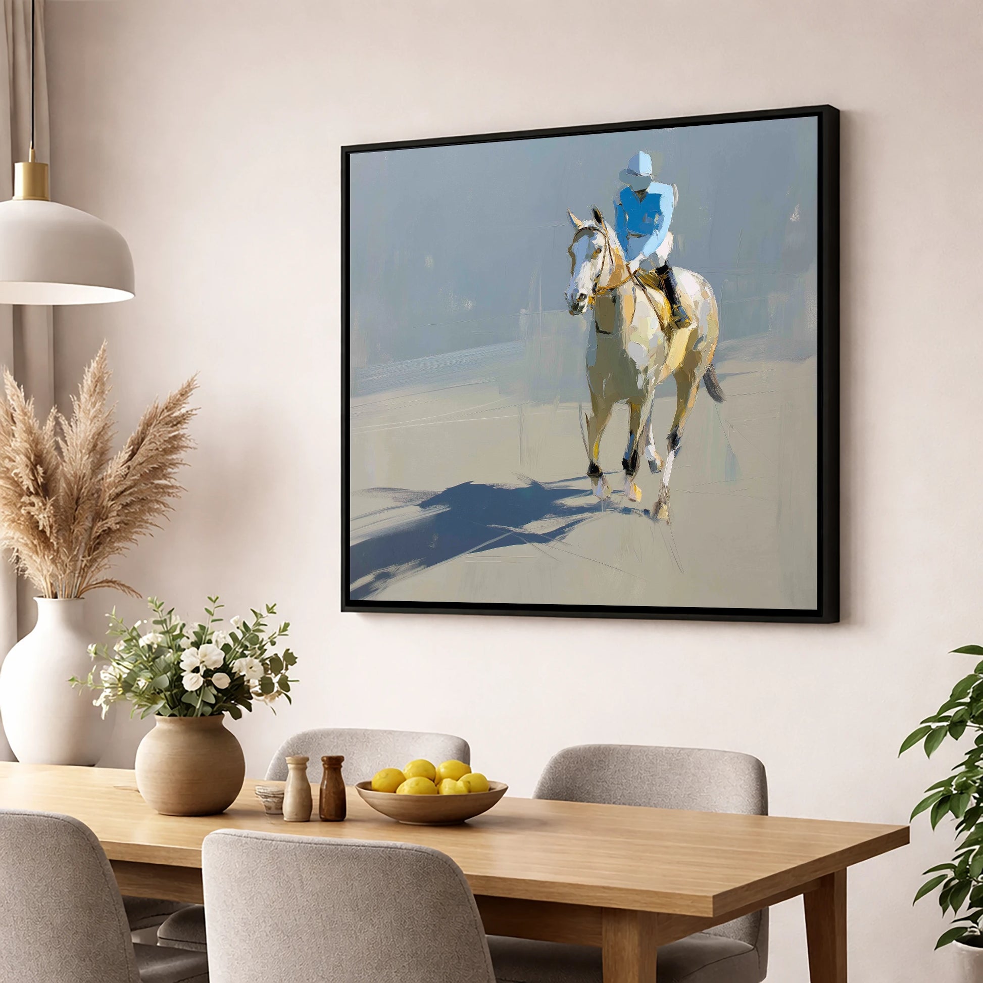 Sunlit Racing Grey racing horse wall art displayed in a dining room