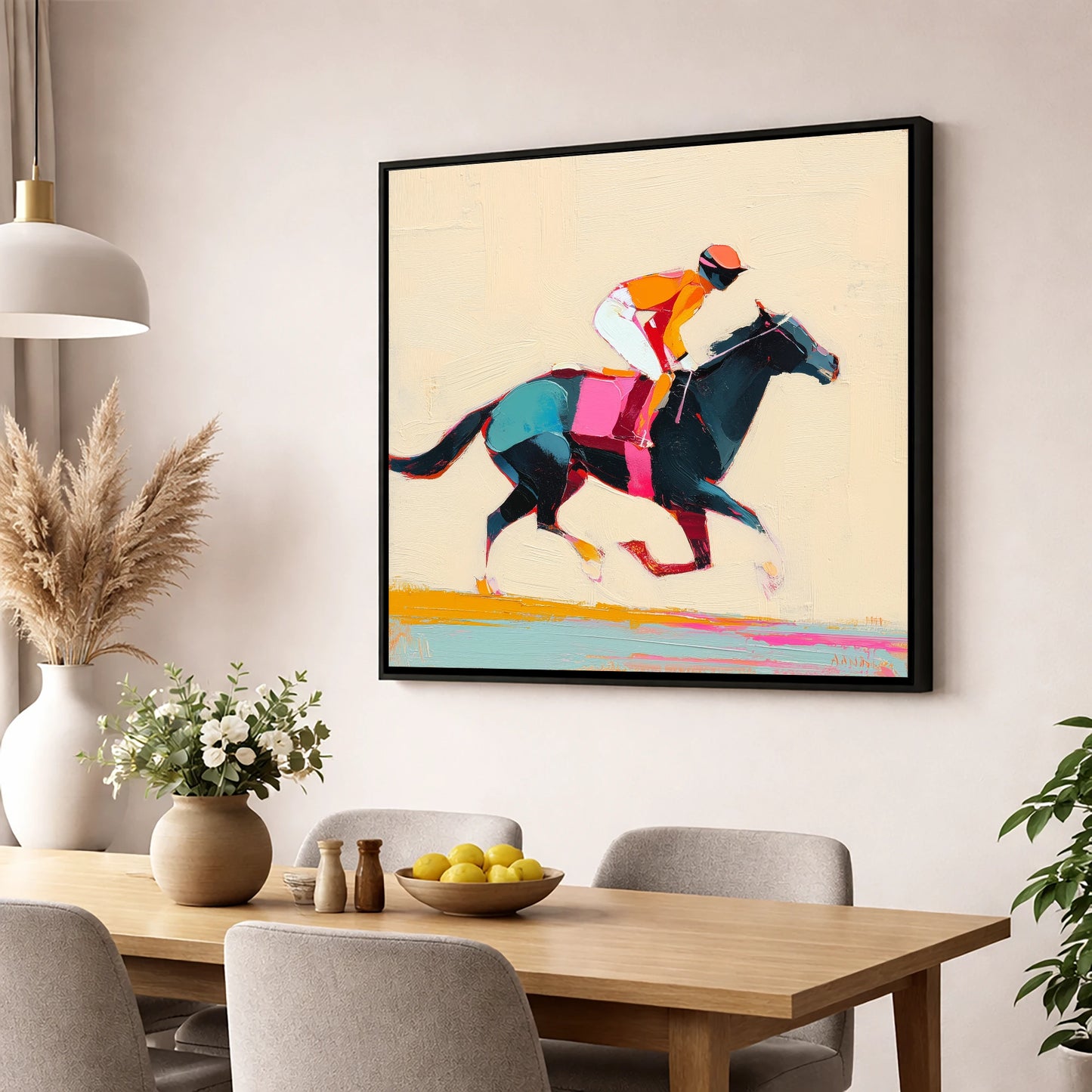 Colour on the Turf racing horse wall art displayed in a dining room