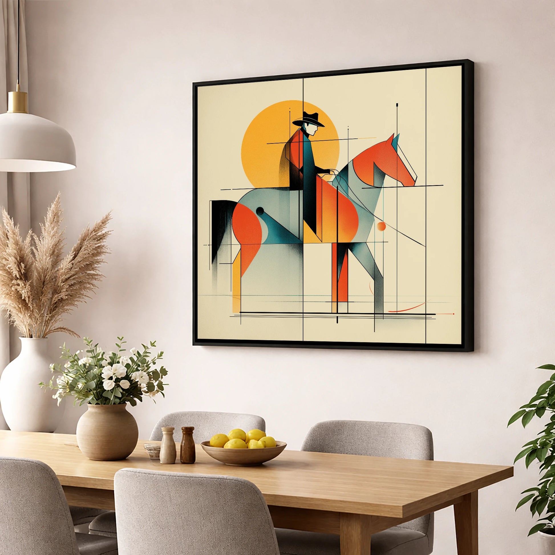 Rhythmic Western Silhouette western horse wall art displayed in a dining room