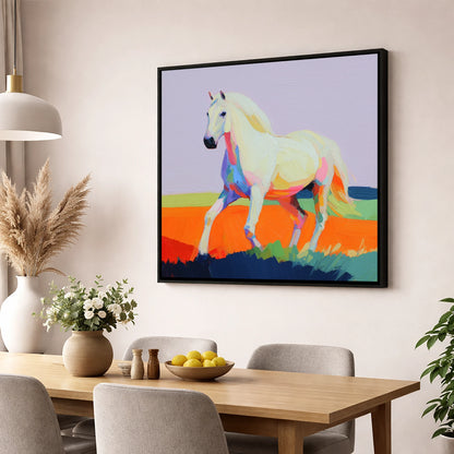 Vibrant Stride horse breed wall art displayed in a dining room