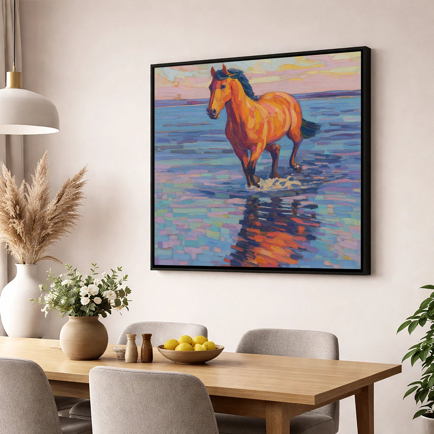 Sunset Shallows Stride beach horse wall art displayed in a dining room