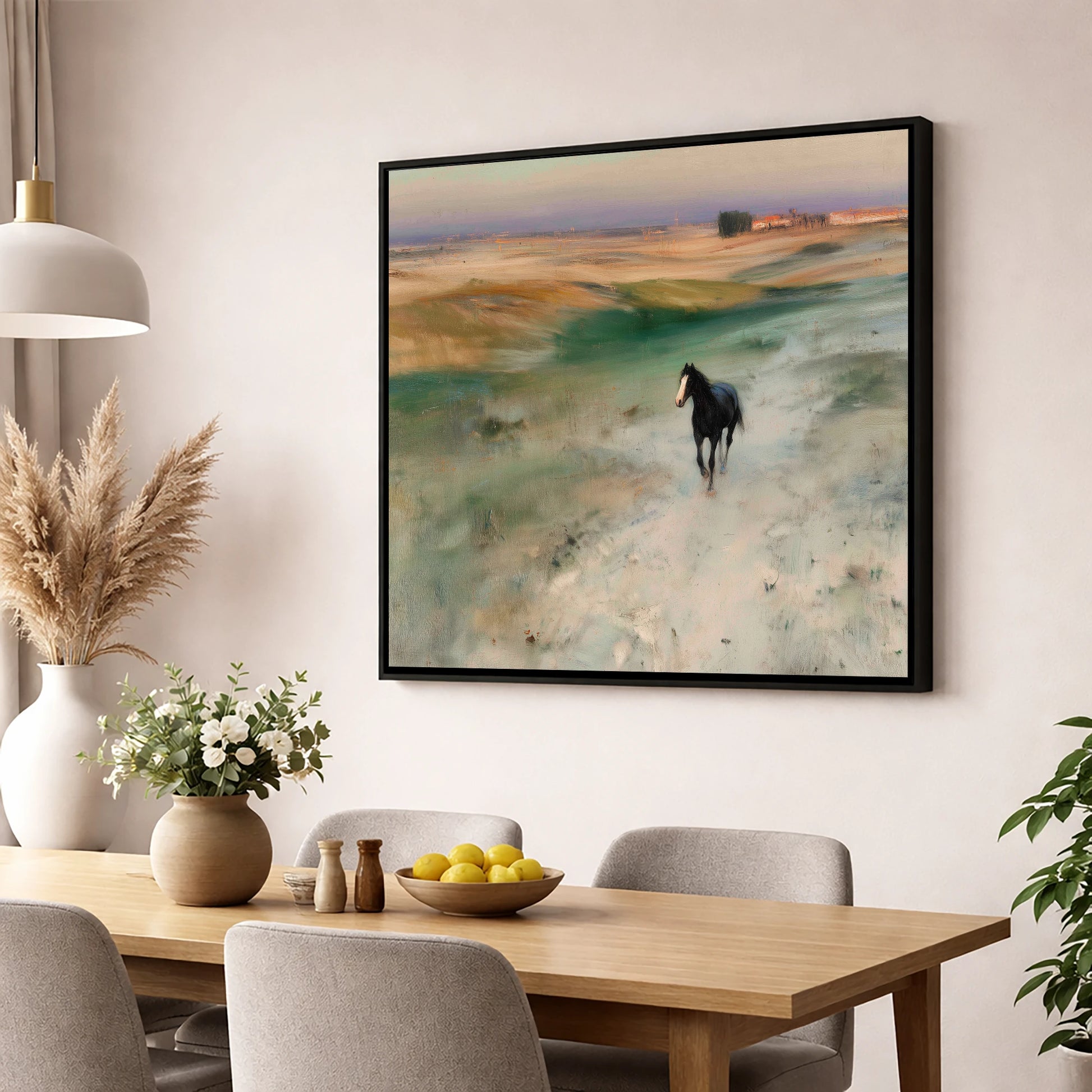 Heading Home horse landscape wall art displayed in a dining room