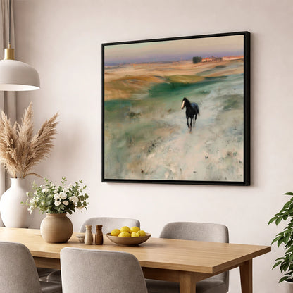 Heading Home horse landscape wall art displayed in a dining room