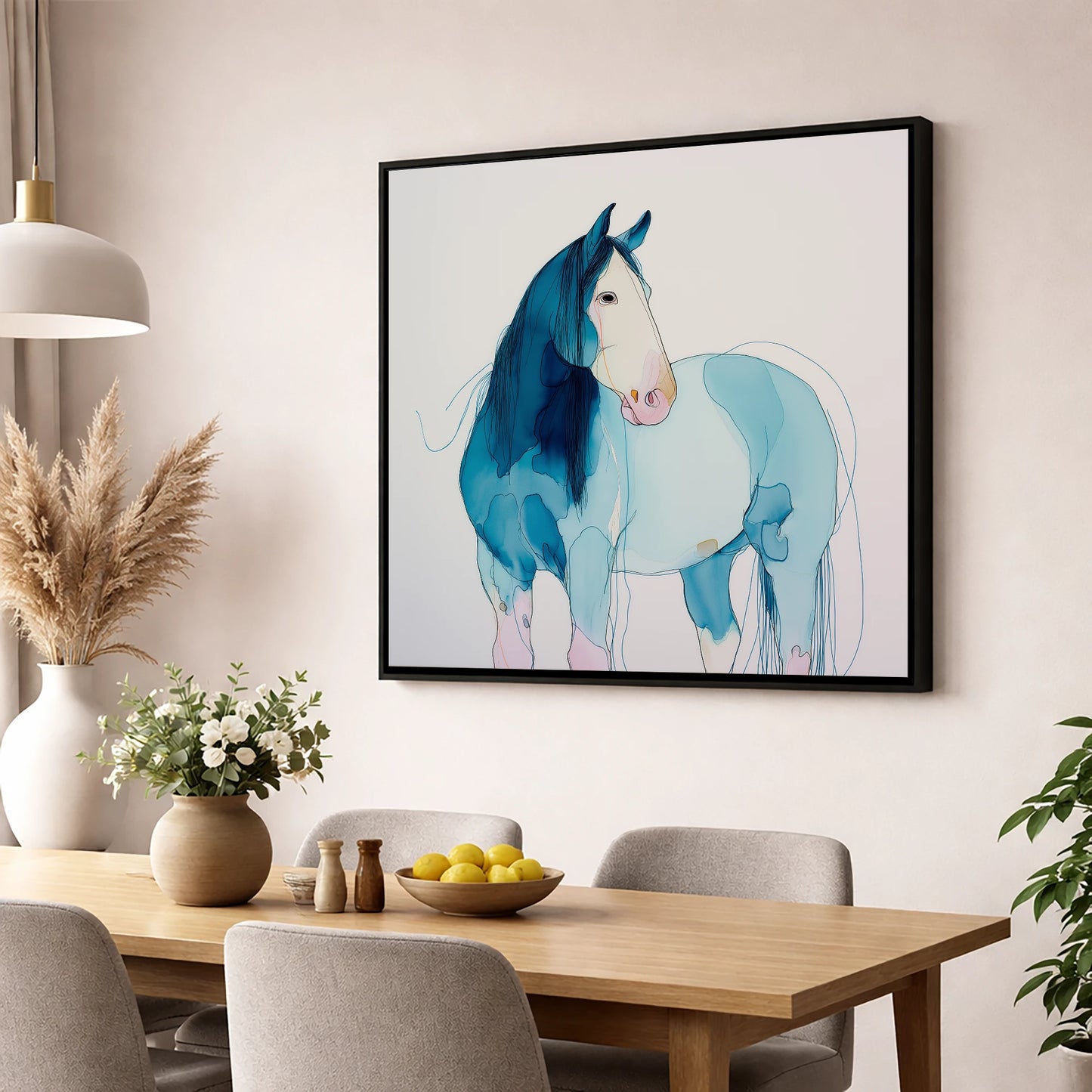 Ethereal Blue Equine horse breed wall art displayed in a dining room